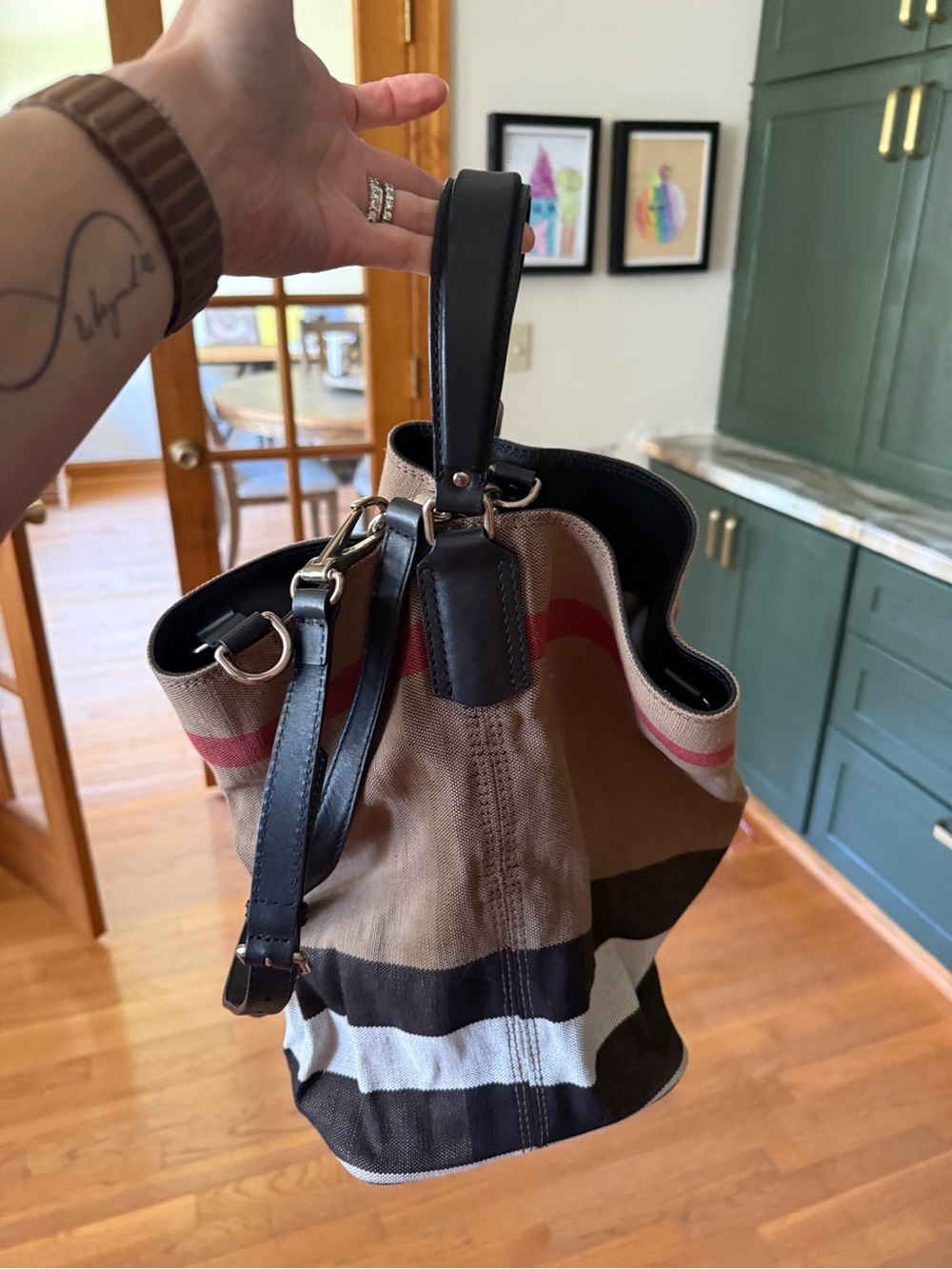 Burberry Ashby Bucket Bag in Tan, Black & Red Striped Shoulder Bag
